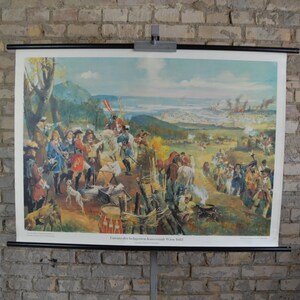 Assedio di Vienna, Turchi, Rilievo 1683: originale vintage 1960 tedesco educativo scuola poster grafico illustrazione muro Austria Wien stampa