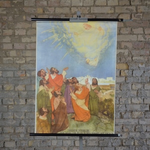 Christi Himmelfahrt, Ostern, Jesus Christus: Original Vintage 1950er Lehrposter Schule Wandkarte Druck Bibel Illustration