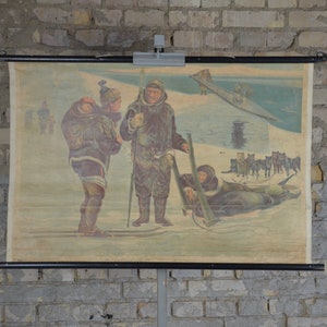 Inuits chasse, kanoo, chiens de traîneau: original antique des années 1890 École éducative allemande affiche carte murale lithographie imprimer Arctic Huskeys Neige