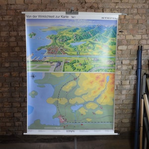 Wie sind Karten gestaltet? original vintage 1990er Lehrposter Schulwandkarte Roll down Druck Geografie Kartographie Mapmaker
