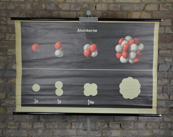 Atoms, Nuclei: original vintage 1970s German educational poster school wall chart roll down science print physics Hydrogen Deuterium Helium