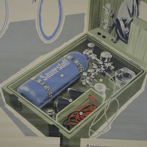 Feuerwehrmann / Militär Atemschutzgerät: Original Vintage 1960er Jahre Lehrposter Schule Wandkarte Roll down Druck Atemschutzmaske