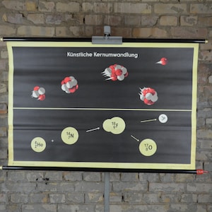 Nuclei, atomi: poster educativo tedesco vintage originale degli anni '60, carta da parati della scuola, roll down scienza stampa fisica azoto scienza nucleare