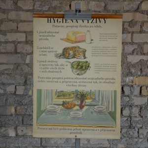 Visual Food Hygiene: original antik 1950er Jahre Tschechisches Lehrposter Schule Wandkarte Mid Century Kinder Illustration Vintage Druck Küche