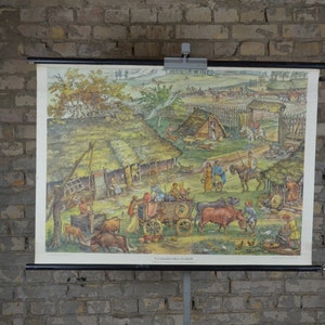 Ferme germanique, âge du bronze: vintage original des années 1950 école allemande carte murale histoire archéologie jolie illustration peuplement de l’âge du fer