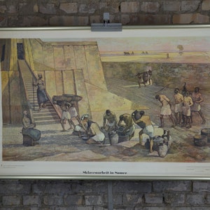 Trabajo esclavo sumerio, esclavitud: póster educativo alemán original de la década de 1950, gráfico escolar, historia de Mesopotamia, arqueología, antigua Sumeria