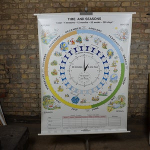 Het jaar, seizoenen, maanden: originele vintage jaren 1990 Duitse educatieve poster basisschool wandkaart roll down kinderen afdrukken Tijdkalender