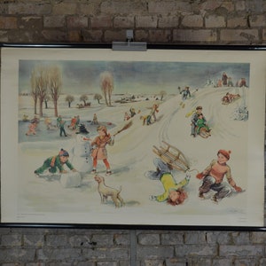 The Seasons - Inverno, Sport sulla neve: originale vintage 1950s educativo scuola elementare poster rotolare giù carta da parati illustrazione pupazzo di neve
