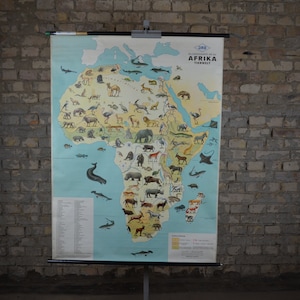 Wilde Tiere Afrikas: Original Vintage 1960er Lehrposter Schule Wandkarte Roll down Safari Elefant Giraffe Wale Fauna