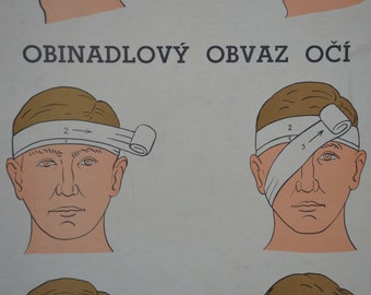 Head injury bandages: original vintage 1950s Czech educational poster medical school wall chart anatomical print paramedic army doctor nurse