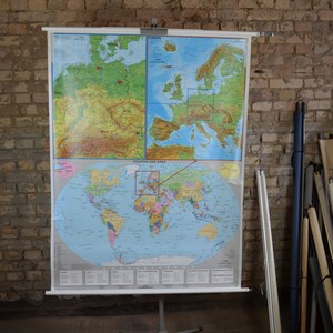 Landkarte Deutschland, Europa & Die Welt: original vintage 1990er Jahre großes Lehrposter Schule Wandkarte Roll down Druck Geografie Klassenzimmer