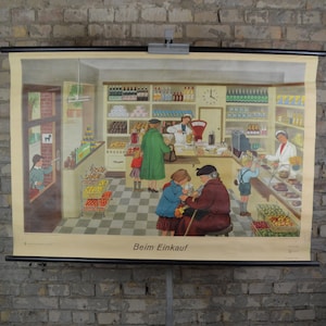Épicerie, shopping : affiche éducative originale des années 60, tableau mural imprimé école primaire DDR Allemagne de l'Est Gertrud Boesel MCM