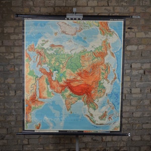 Mappa vintage dell'Asia: grande originale vintage tedesco 1960 poster topografico rotolare giù scuola wall chart continente geografia Cina India