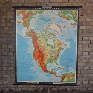 Vintage School Map of North America: originale 1960s tedesco grande carta da parati poster educativo rotolare giù USA Canada continente topografico