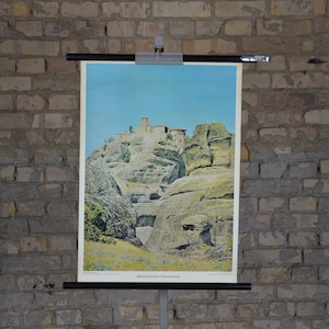 Meteora Orthodoxe Klöster, Griechenland: Original Vintage 1970er Jahre Lehrposter Schule Wandkarte Roll down Druck Foto Griechisch