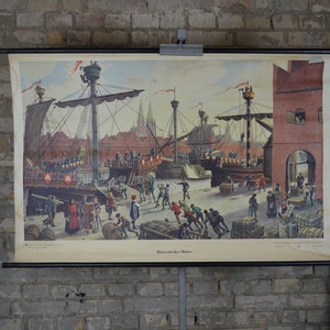 Hanse, Hanse, Mittelalterhafen: original Vintage 1960er Jahre Schulposter Schulposter Schulwandbild Hafen Mittelalter Geschichte