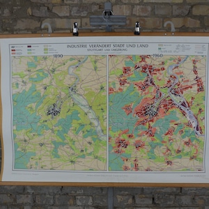Stoccarda, Germania, Rivoluzione industriale: originale vintage 1960s Poster della scuola educativa tedesca grafico della parete Mappa di espansione della città Industria