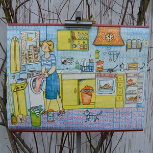 Cucina, Cucina, Lavanderia, Casa: originale vintage 1970s spagnolo poster educativo scuola elementare carta da parete carino illustrazione gatto
