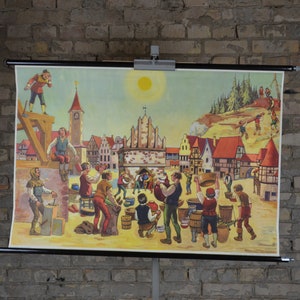 Schildbürger, Schilda, Volksmärchen: Original Vintage 1950er Jahre Lehrposter Schule Wandkarte Druck Mid Century Illustration Kinder