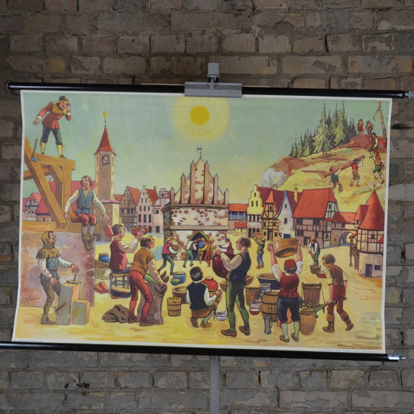 Schildbürger, Schilda, conte populaire allemand: original vintage 1950s affiche éducative école tableau mural impression milieu siècle illustration enfants