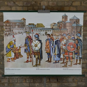 Charlemagne holding Court at Aachen, 800: original vintage 1970s German educational school poster wall chart illustration middle ages print