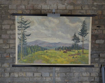 Harz Mountains, Brocken, Germany: original antique 1920s German educational poster school wall chart roll down print landscape painting