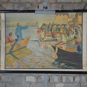 Jesus Christ&#39;s sermon by the lake Genezareth: original antique 1920s German educational poster roll down school chart Bible print vintage