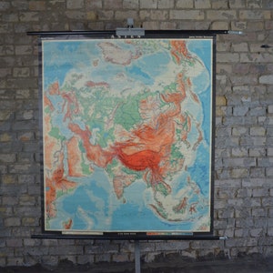 Mappa scolastica d'epoca dell'Asia: grande poster topografico originale tedesco d'epoca degli anni '60, carta da parati scolastica arrotolabile, geografia del continente, Cina