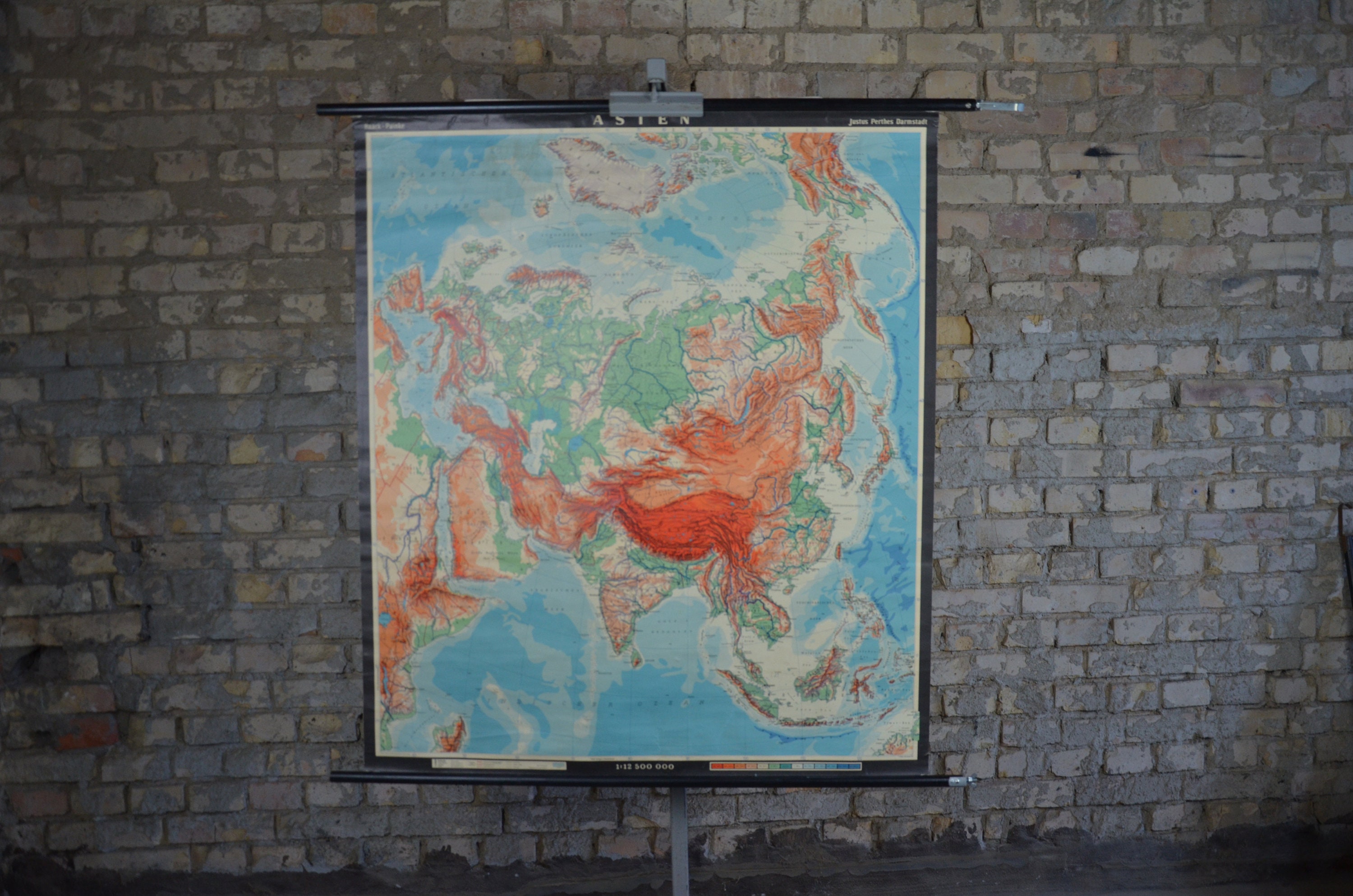 Vintage School Map of Asia: large original vintage German 1960s topographic poster roll down school wall chart continent geography China