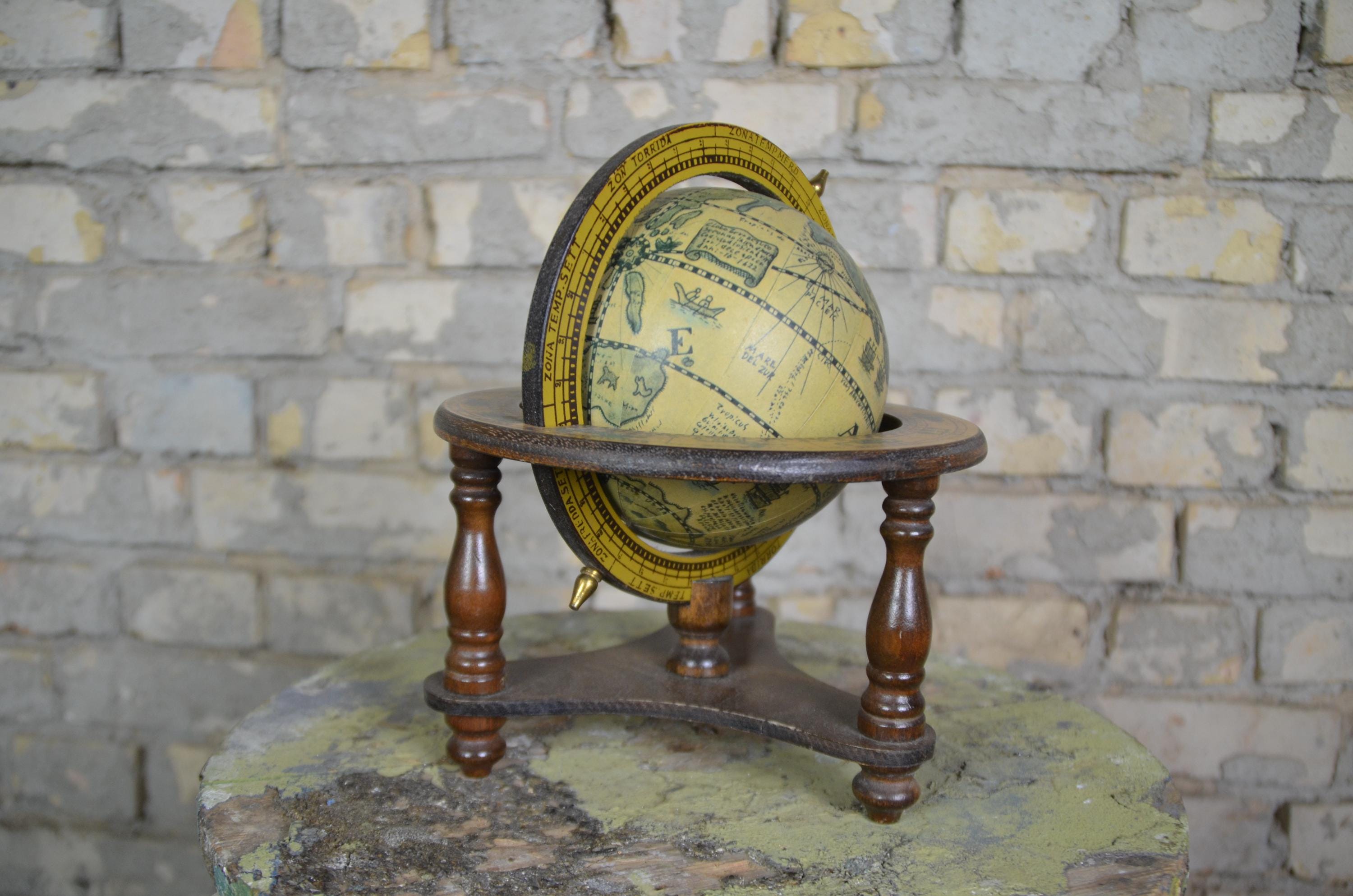 Antique Wooden Globe, Zodiac Signs: Original Vintage 1950s Museum