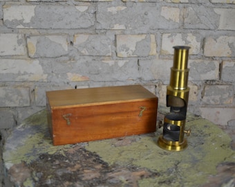 Edwadian brass field microscope, British: original antique scientific microscope, early 20th C, in original wooden box