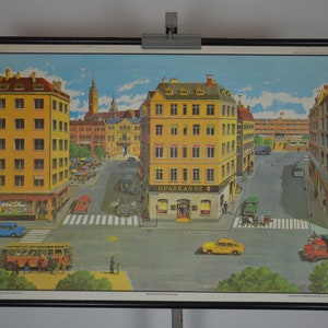 Infrastructure de la ville: original vintage des années 1960 Affiche éducative allemande carte murale de l’école imprimer la circulation transports en commun bus voitures route