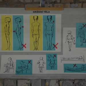 Richtige Haltung: Original Vintage 1970er Jahre Tschechisches Lehrposter Schule Wandkarte Mid Century Illustration Gymnastik anatomischer Druck PE