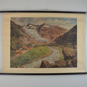 Rhône Gletscher, Schweizer Alpen: original vintage 1950er Lehrschule Poster Roll down Wandkarte Schweiz Berge Eis Alpen Druck 50er