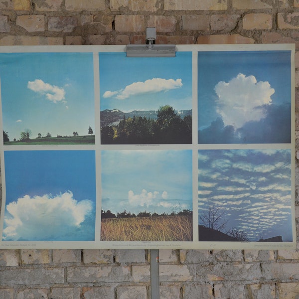 Cloud formations, Meteorology: original vintage 1960s German educational school poster wall chart print weather thunderstorm sky science