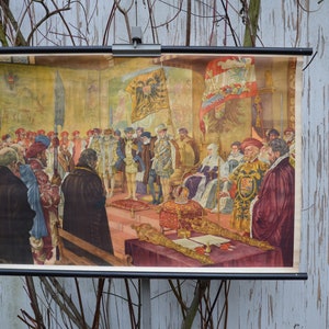 Charles Quint, empereur du Saint-Empire romain germanique renonce à la couronne: original vintage des années 1960 Affiche éducative allemande tableau mural rouleau bas imprimer Histoire