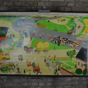 Campagne Circulation, sécurité routière des enfants: original vintage 1950s Tableau mural scolaire allemand affiche éducative illustration voitures imprimer MCM
