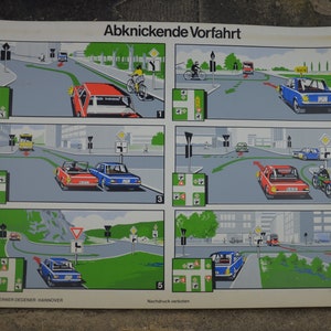 Derecho de paso: original vintage 1970s gráfico alemán cartel educativo 70s diseño gráfico MCM ilustración imprimir coches arquitectura modernista