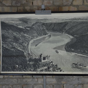 Loreley, Rhein: Original Vintage 1938 Lehrposter Schulwandkarte Rheintal Schiff Rheinland Burg Katz Schloss