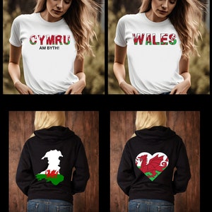 May include: Two different styles of shirts featuring the Welsh flag. The first shirt is white with the word "CYMRU" in red and green letters, with the words "AM BYTH!" in smaller letters below. The second shirt is white with the word "WALES" in red and green letters. The third shirt is black with a white outline of the Welsh flag on the back. The fourth shirt is black with a red heart with a white outline and a red dragon inside.