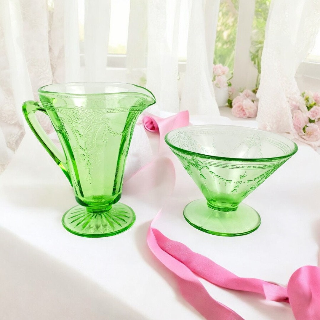 Vintage Anchor Hocking Green Depression Glass Creamer & Sherbet