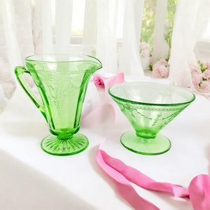 Vintage Anchor Hocking Green Depression Glass Creamer & Sherbet Dish