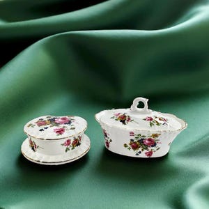 Vintage Fine Bone Porcelain Trinket Boxes in Rose Pattern