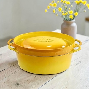 May include: A bright yellow enameled cast iron Dutch oven with a matching lid. The lid features the embossed text Le Creuset France. The round pot has two side handles and a smooth, glossy finish, showcasing a vibrant, solid yellow color throughout.