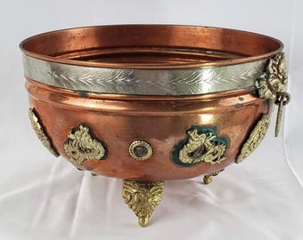 Vintage Large Copper Bowl Brass Footed With Dragon Motif - Etsy