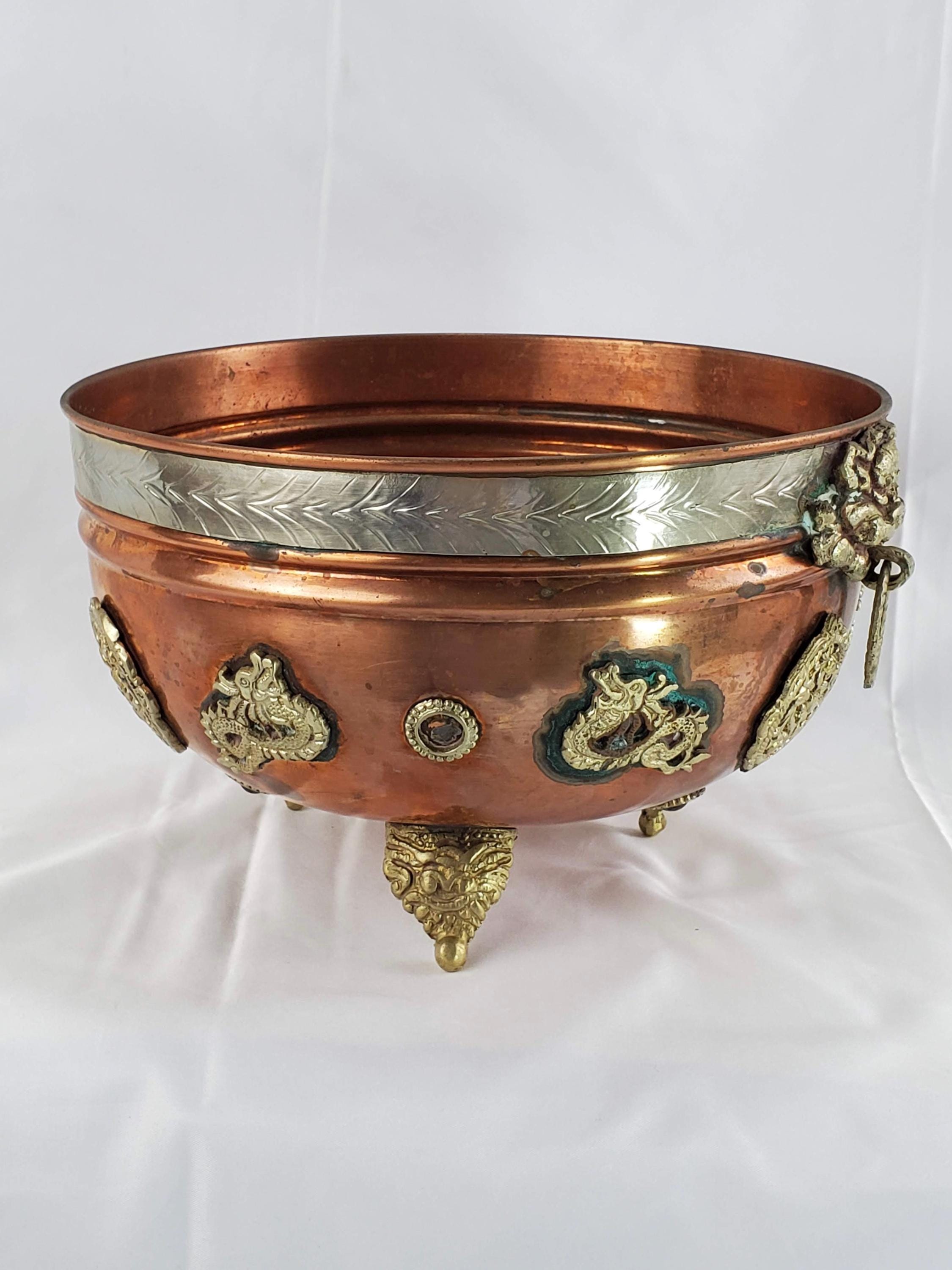 Vintage Large Copper Bowl Brass Footed With Dragon Motif - Etsy