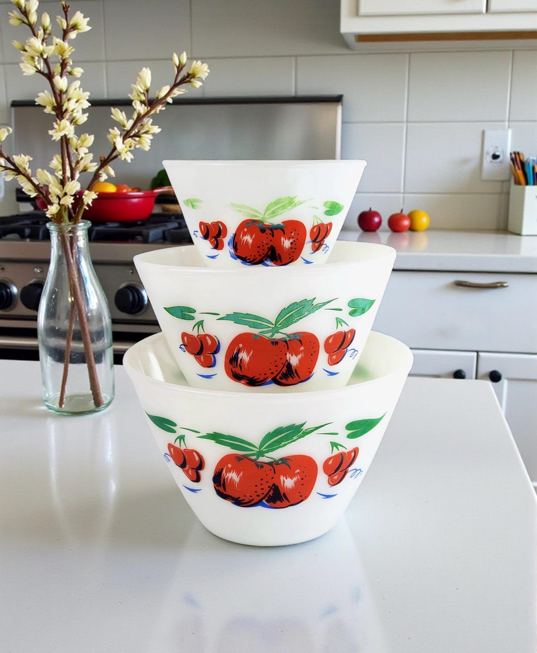 Vintage Anchor Hocking Fire King Apples & Cherries Nesting Bowls - Set ...