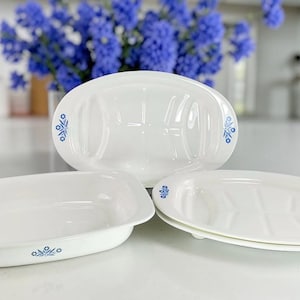 Peut inclure: Trois plats de service en céramique blanche avec des motifs floraux bleus. Les plats sont ovales et rectangulaires, avec une finition lisse et brillante. En arrière-plan, des fleurs bleues et un comptoir blanc.