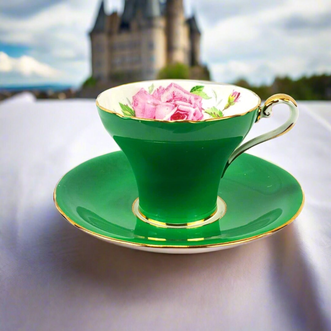 Vintage Aynsley Emerald Green Cabbage Rose Bone China Teacup