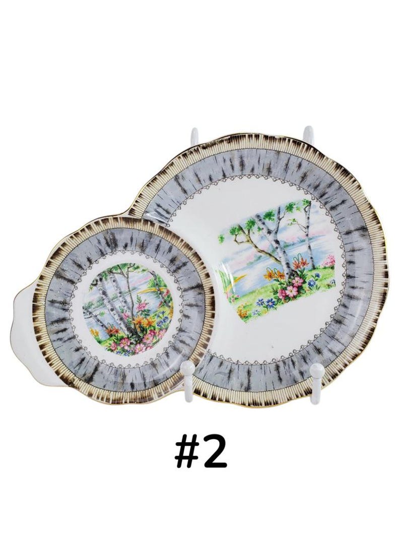 Puede incluir: Plato de servir vintage de dos piezas con un dise&ntilde;o de paisaje. Los platos tienen un borde gris y marr&oacute;n con un interior blanco. El centro de los platos presenta un paisaje colorido con &aacute;rboles, flores y agua.